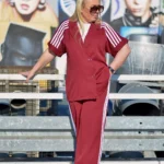 Bordo elegantno-sportski plus-size komplet sa sakoom kratkih rukava i širokim pantalonama.